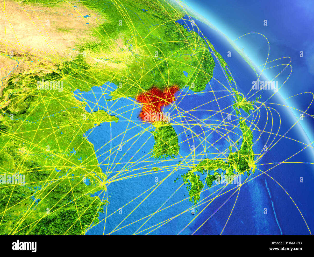 North Korea from space on model of planet Earth with network. Concept ...
