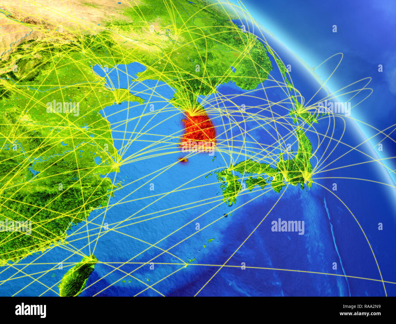 South Korea from space on model of planet Earth with network. Concept ...