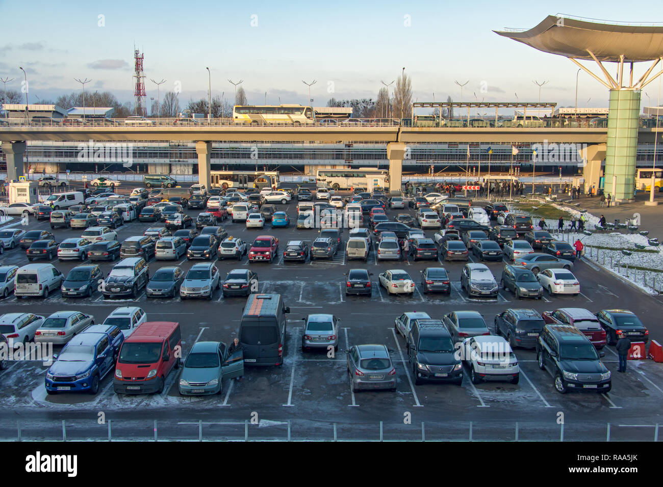 KIEV, UKRAINE, NOV 28 2018, Parking lot is full of cars at The Boryspil airport Stock Photo