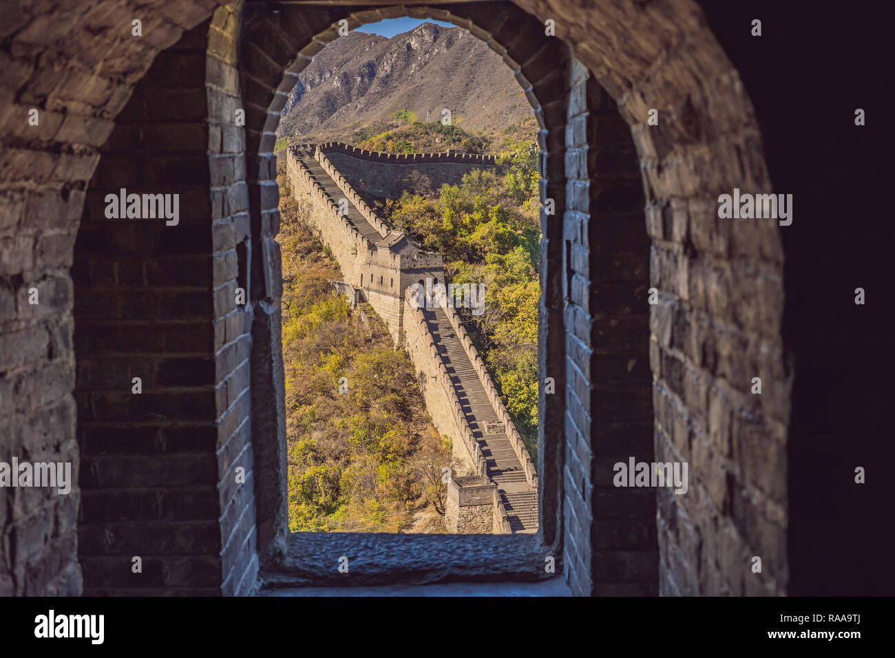 The Great Wall of China. Great Wall of China is a series of fortifications made of stone, brick Stock Photo