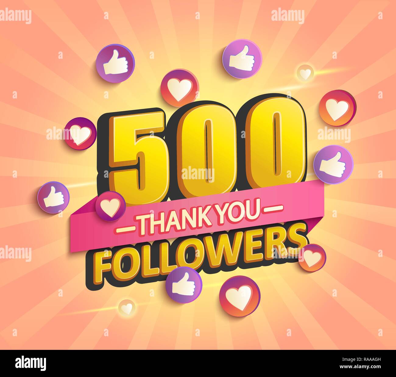 Thanks for the first 500 followers banner.Thank you followers congratulation card. Vector illustration for Social Networks. Web user or blogger celebrates and tweets a large number of subscribers. Stock Vector