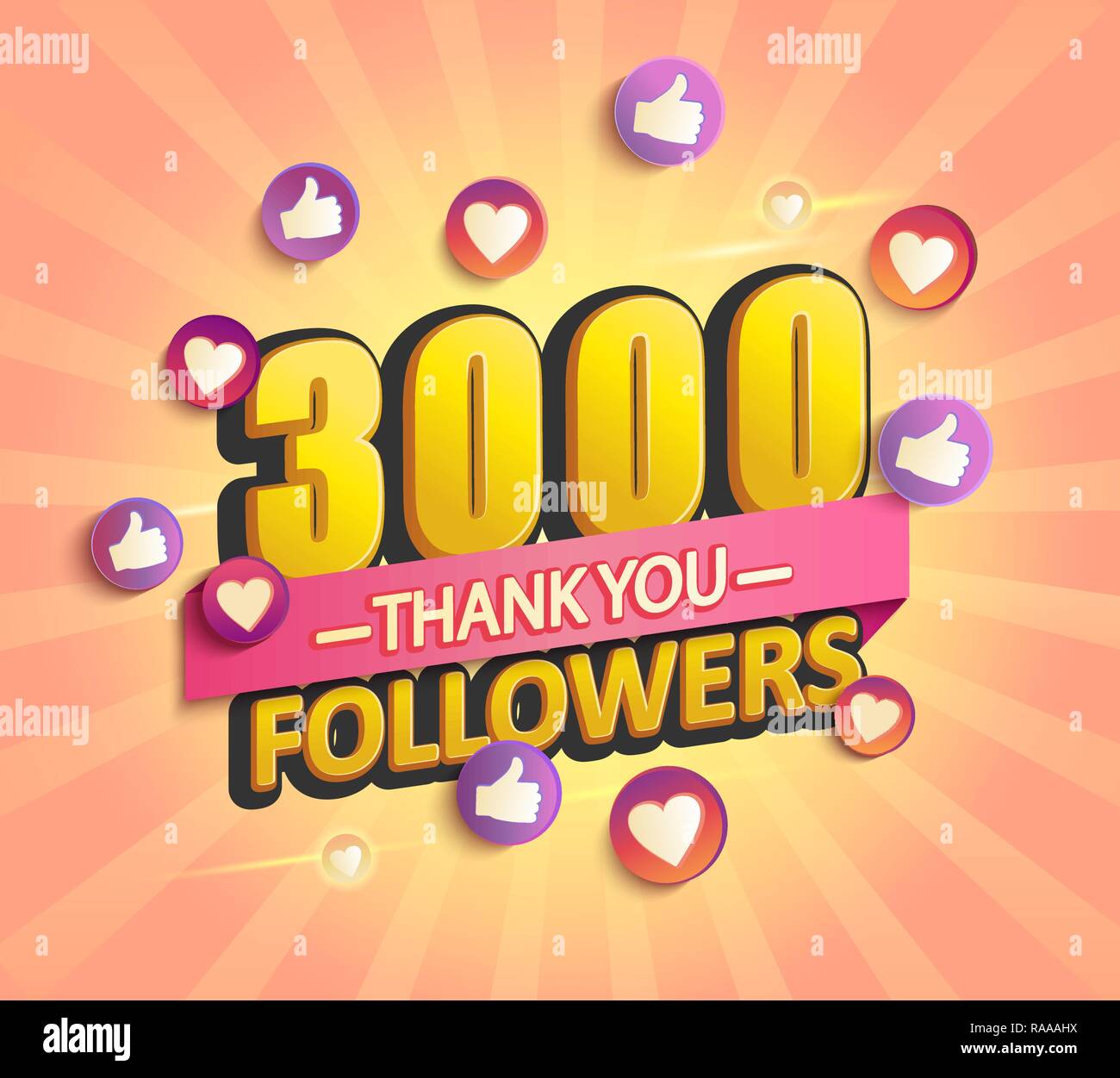 Thanks for the first 3000 followers banner.Thank you followers congratulation card. Vector illustration for Social Networks. Web user or blogger celebrates and tweets a large number of subscribers. Stock Vector