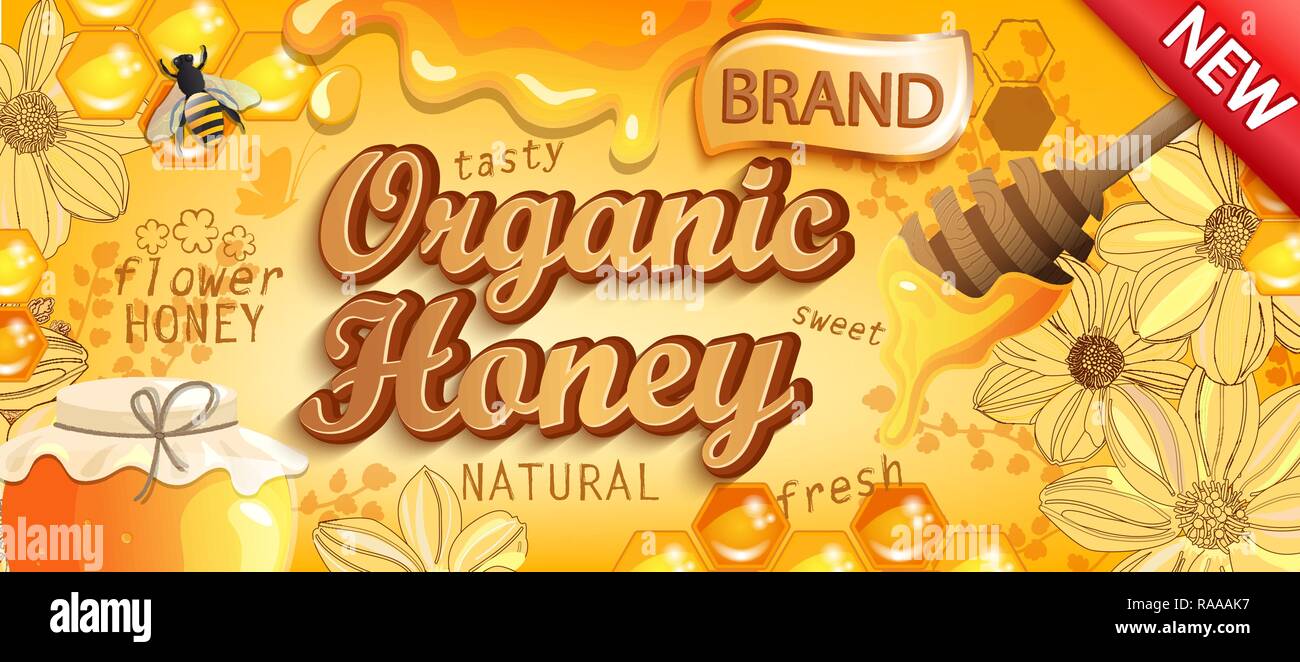 Natural organic honey banner with honeycombs, flowers, heather, bee and full glass jar. Flowing honey on colorful background. Template for brand, logo, advertise, label, packaging. Vector illustration Stock Vector