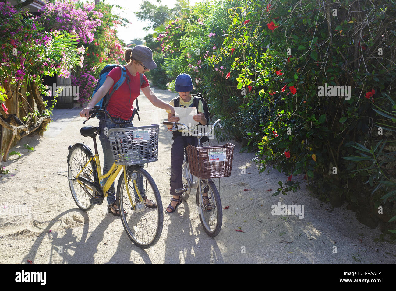 Mother and son on bicycles reading a map exploring traditional village of Taketomi on streets covered with hibiscus island in Okinawa,Japan Stock Photo