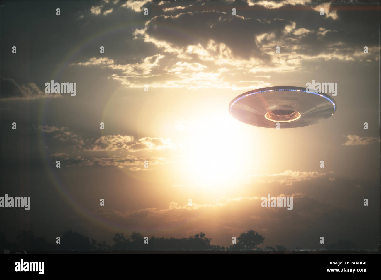Unidentified flying object UFO in cloudy sky. 3D illustration in real picture. Old style film photo. Stock Photo