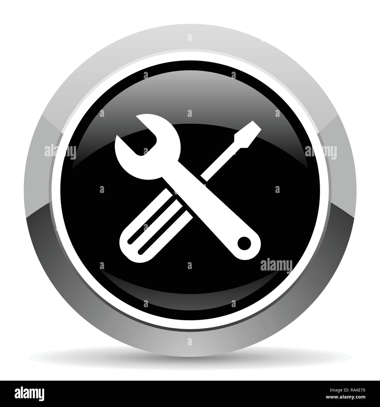 Tools vector steel icon. Chrome border round web button. Silver