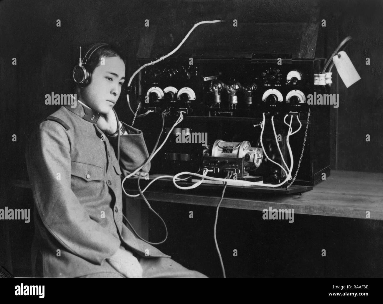 A Japanese soldier with communications equipment,ca. 1933. Stock Photo