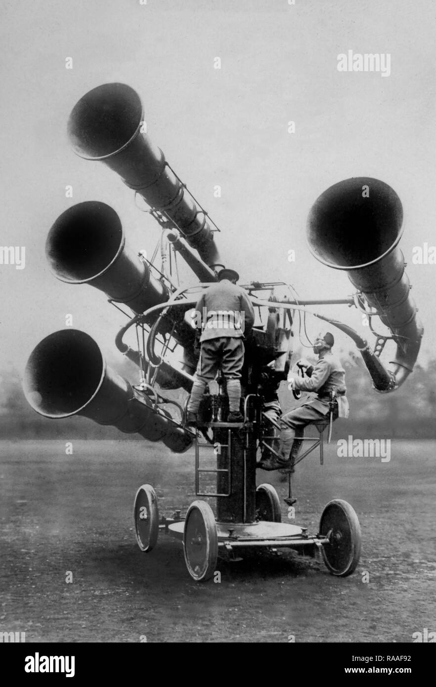 Imperial Japanese soldiers operate a 'war tuba', a listening device to warn of approaching aircraft before the wide use of radar, ca. 1933. Stock Photo