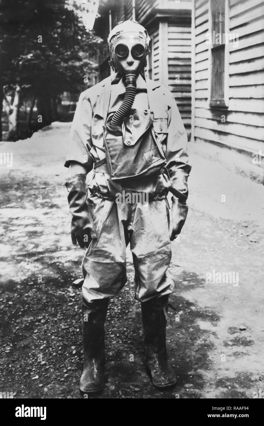 Japanese soldier is shown wearing a gas mask, ca. 1933. Stock Photo