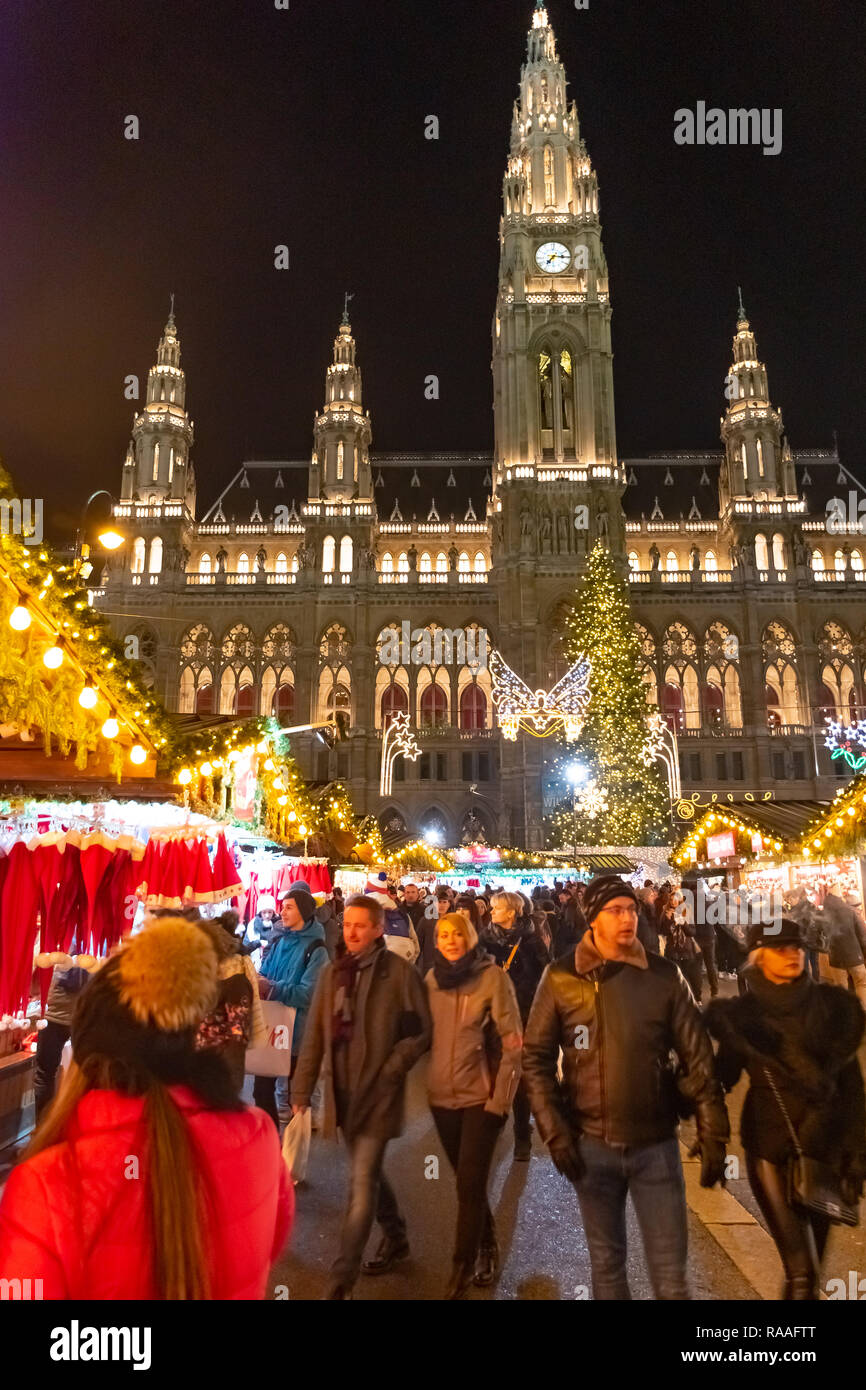 VIENNA AUSTRIA - DEC 18 2018: The Christmas market in front of the Rathaus City hall of Vienna, Austria. Stock Photo