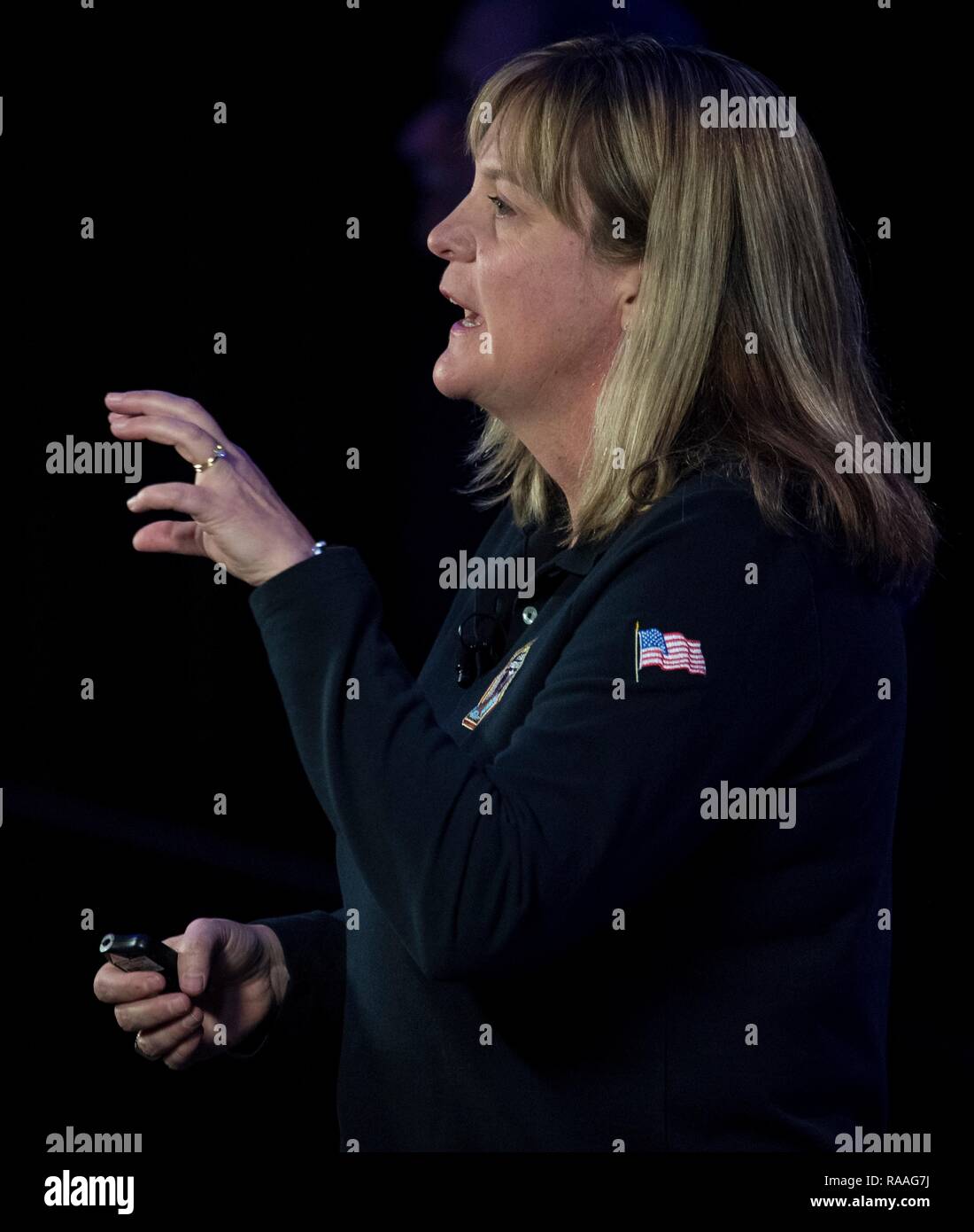 New Horizons co-investigator Cathy Olkin of the Southwest Research Institute during the press conference prior to the expected flyby of Ultima Thule by the spacecraft at Johns Hopkins University Applied Physics Laboratory December 31, 2018 in Laurel, Maryland. The flyby by the space probe occurred 6.5bn km (4bn miles) away, making it the most distant ever exploration of an object in our Solar System. Stock Photo