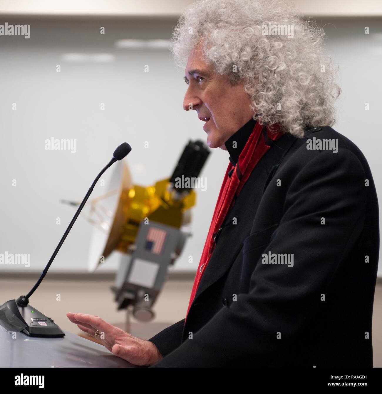 Brian May, lead guitarist of the rock band Queen and astrophysicist during a briefing prior to the expected flyby of Ultima Thule by the New Horizon spacecraft at Johns Hopkins University Applied Physics Laboratory December 31, 2018 in Laurel, Maryland. The flyby by the space probe occurred 6.5bn km (4bn miles) away, making it the most distant ever exploration of an object in our Solar System. Stock Photo