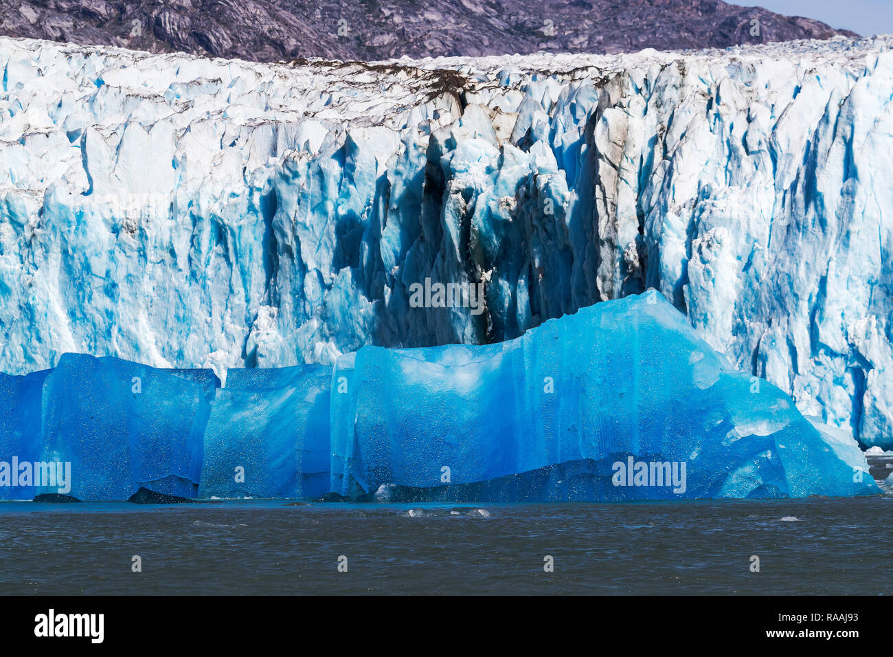 Blue ice in front of the Dawes Glacier in Endicott Arm in Southeast Alaska, USA. Stock Photo