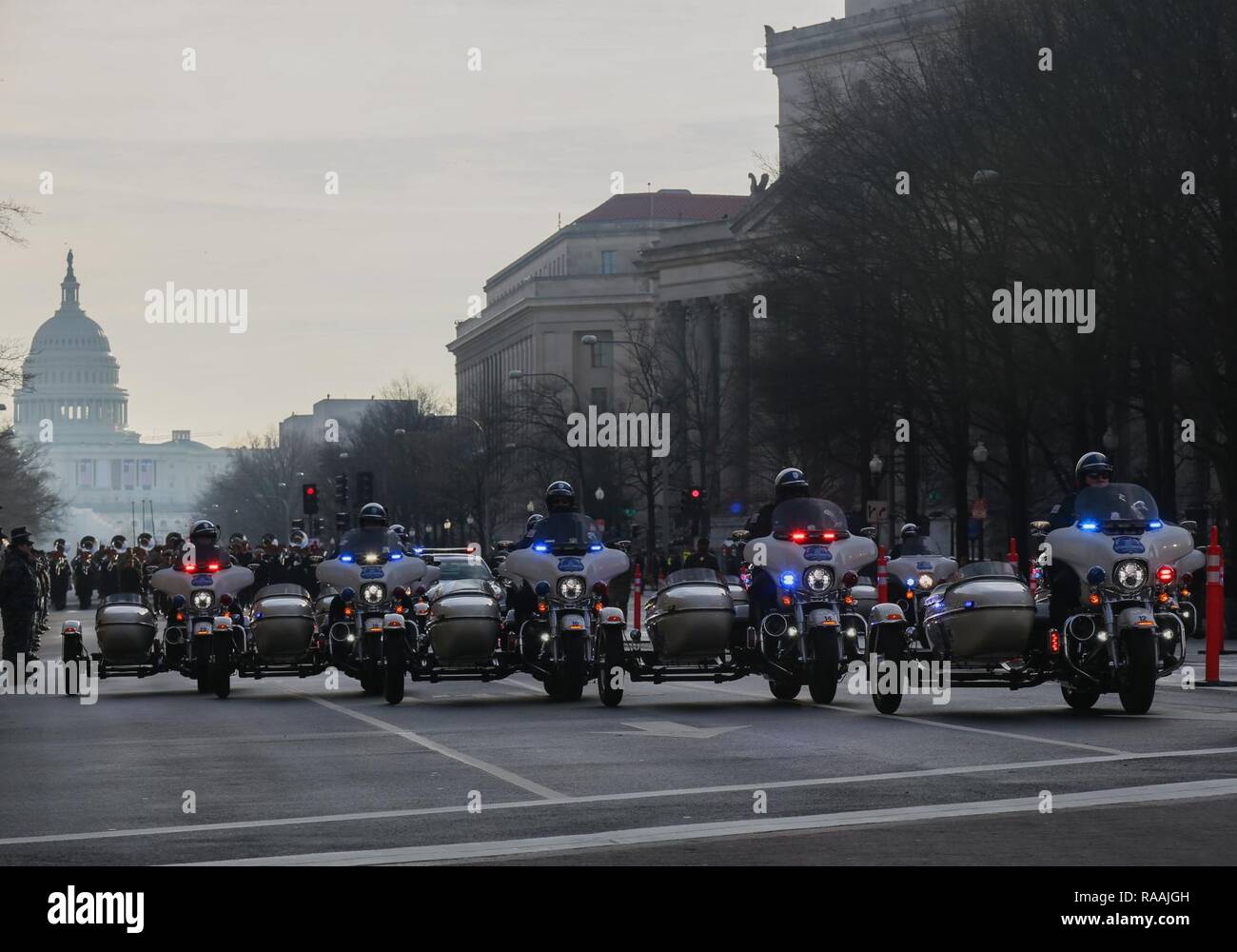 Members of the District of Columbia Metropolitian Police drive down Pennsylvania Avenue during the Department of Defense Dress Rehearsal for the 58th Presidential Inauguration, Washington, D.C., Jan. 15, 2017. More than 5,000 military members from across all branches of the armed forces of the United States, including Reserve and National Guard components, provided ceremonial support and Defense Support of Civil Authorities during the inaugural period. Stock Photo