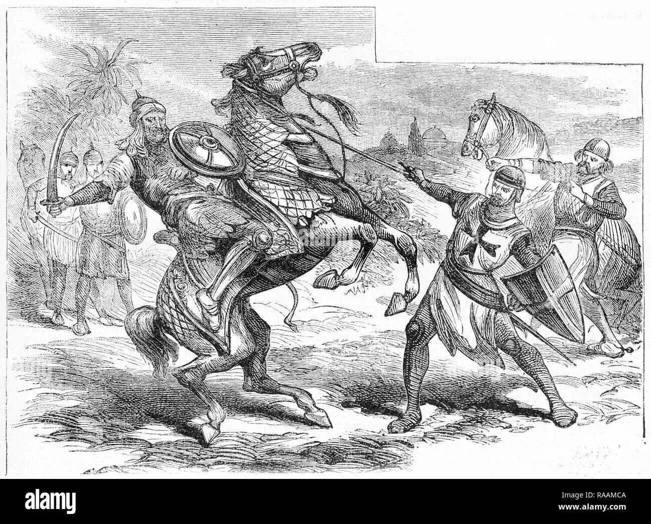 Engraving of a knight and a saracen fighting during the crusades. From an original engraving in the Boys of England magazine 1894. Stock Photo