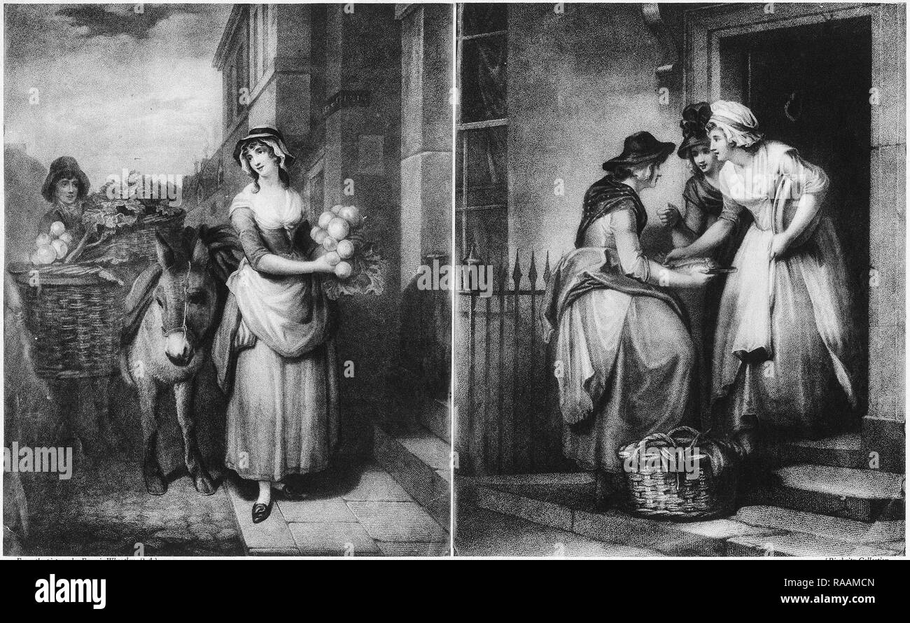 Two views of shopping in the 18th century show street hawkers selling fruit and fish Stock Photo