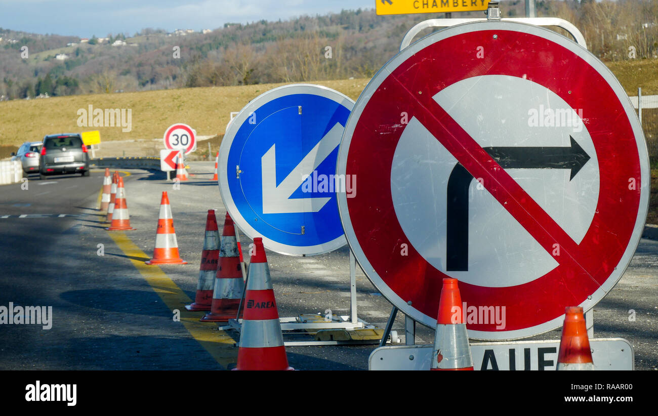 Road signs, A43 Highway, Haute-Savoie, France Stock Photo