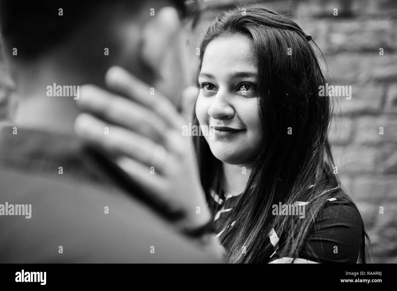 Love story of indian couple posed outdoor. Close up together. Stock Photo