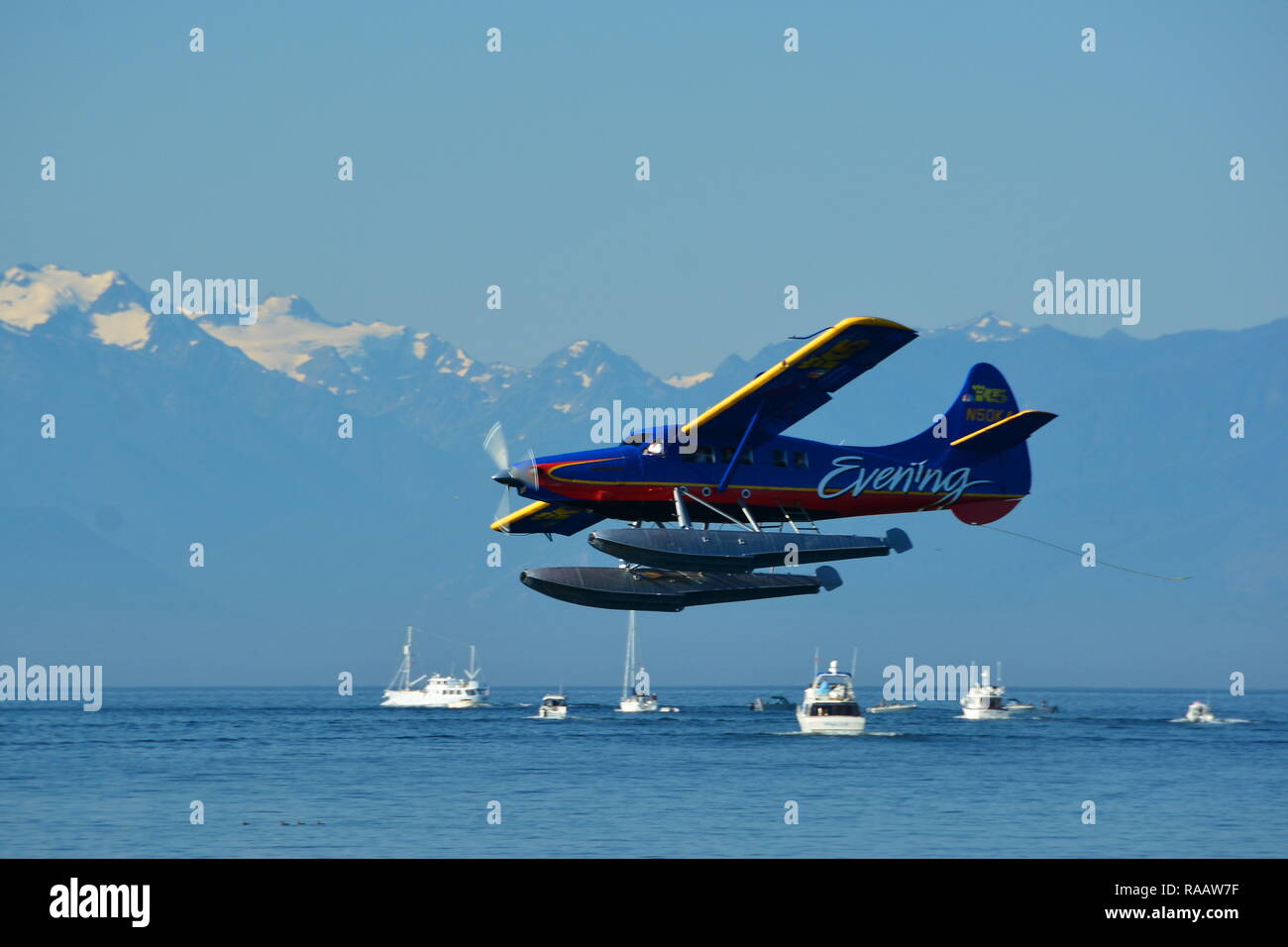 Float plane coming in for a water landing in Victoria BC. Stock Photo