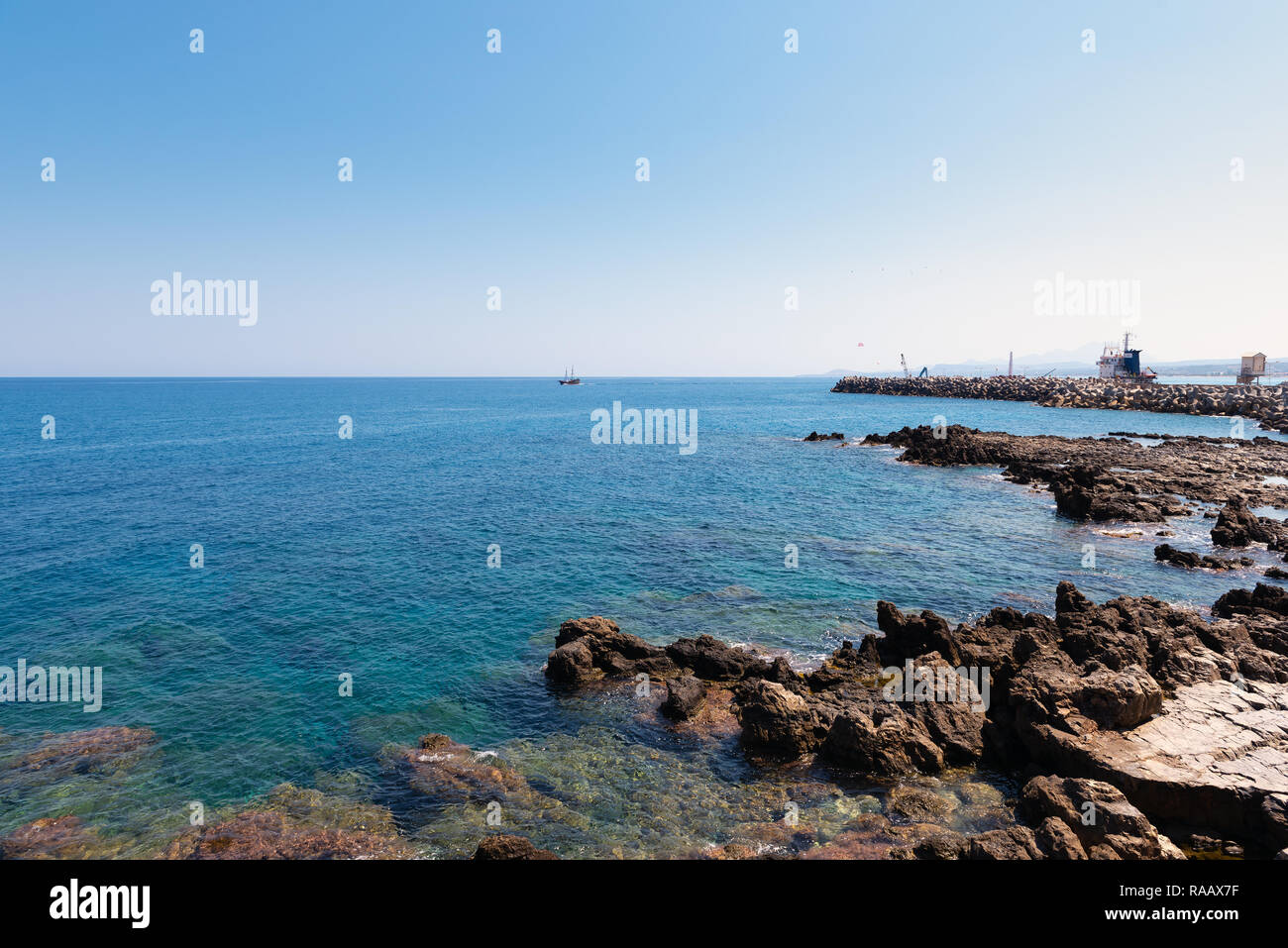 Rocky coastline of Santorini island, Greece Stock Photo