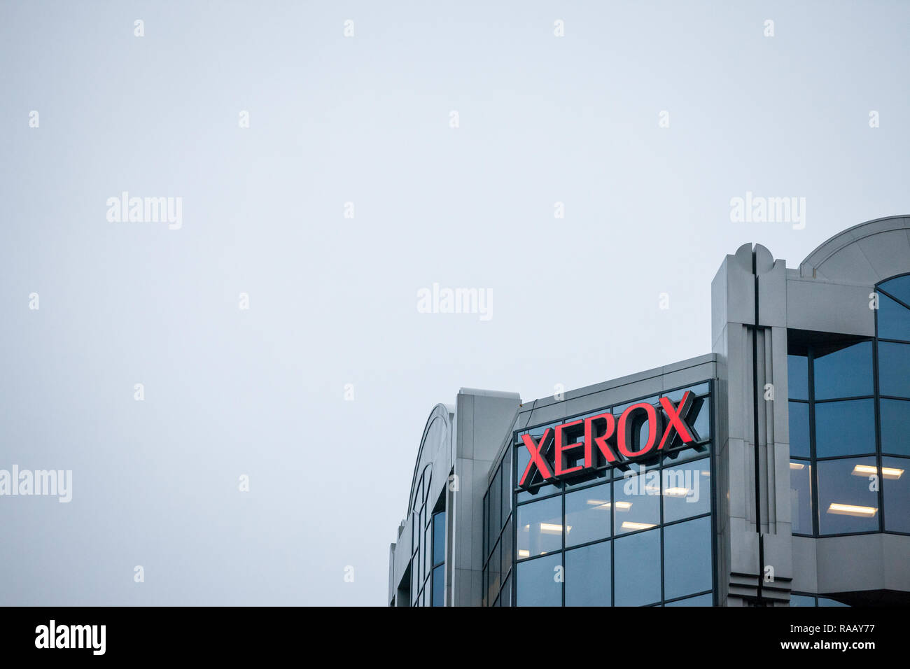 MONTREAL, CANADA - NOVEMBER 6, 2018: Xerox Corporation logo in front of their main office for Montreal, Quebec. Xerox is a multinational corporation s Stock Photo