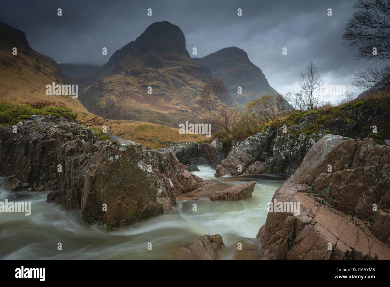 River Coe & Three Sisters of Glen Coe, Scotland Stock Photo
