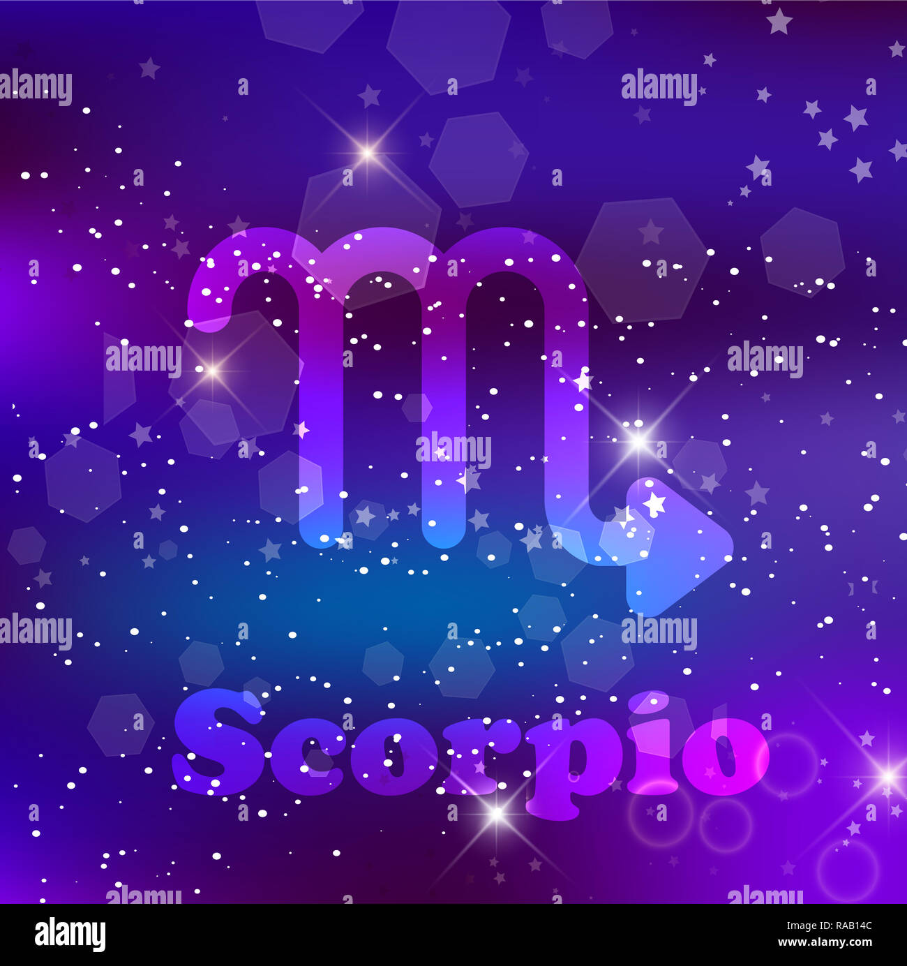Scorpio Zodiac sign and constellation on a cosmic purple background with glowing stars and nebula.   illustration, banner, poster, card. Space, astrol Stock Photo