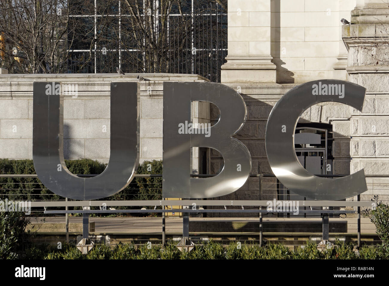 Large UBC University of British Columbia lettering in Robson Square in downtown Vancouer, BC, Canada Stock Photo