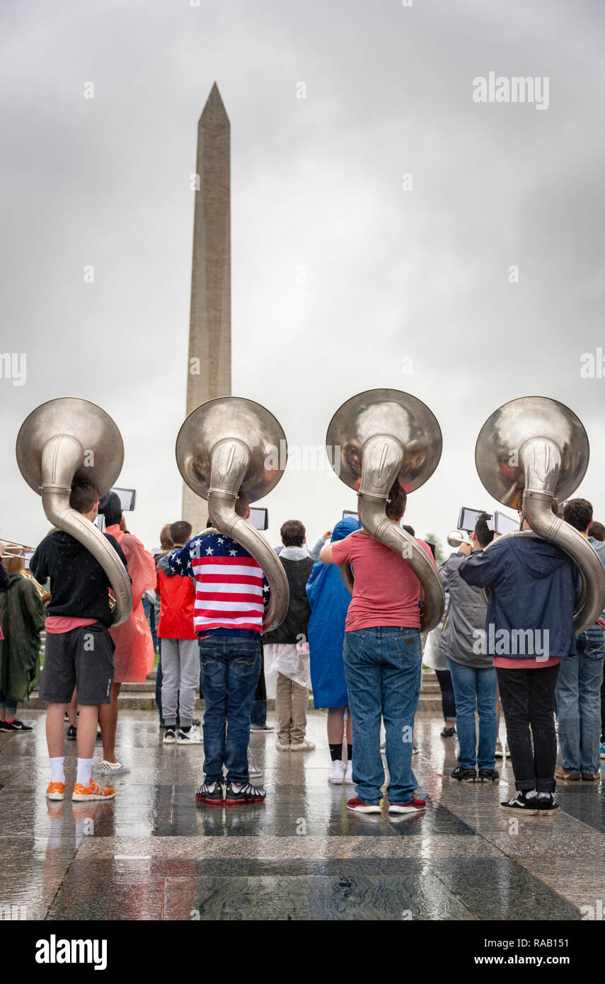 Sousaphone players in marching band Stock Photo