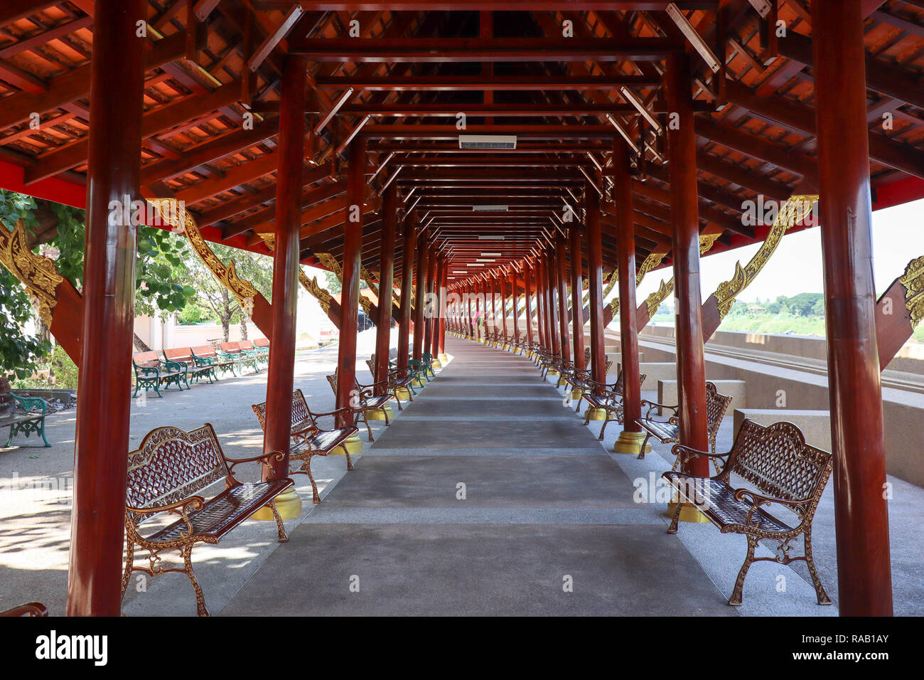 Thailand temple wood walkway image Stock Photo Alamy