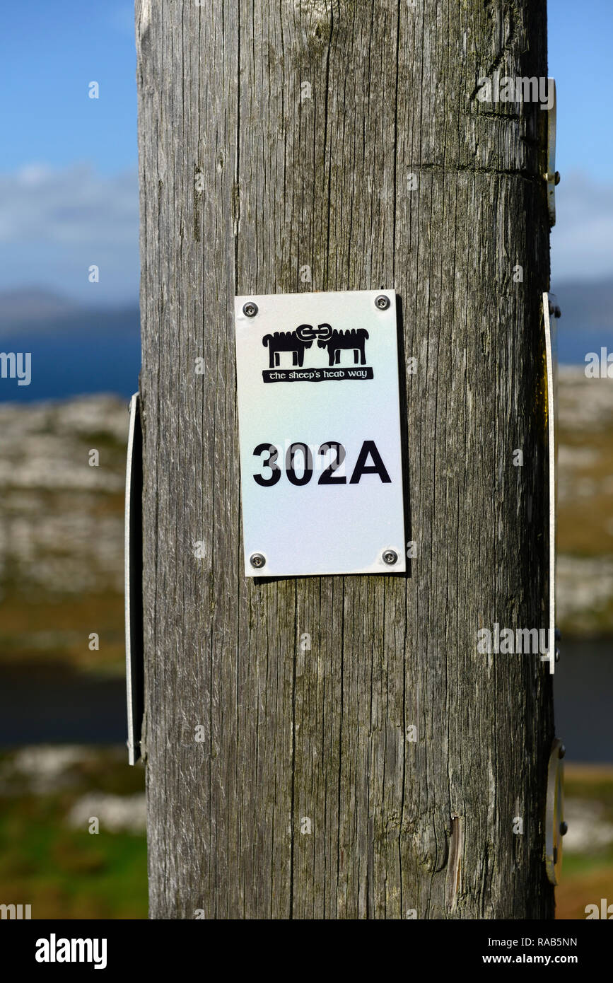trail marker,route marker,post,sign,hiking,sheep's head way,lighthouse loop,hike,walk,trail,wild atlantic way,west cork,RM Ireland Stock Photo