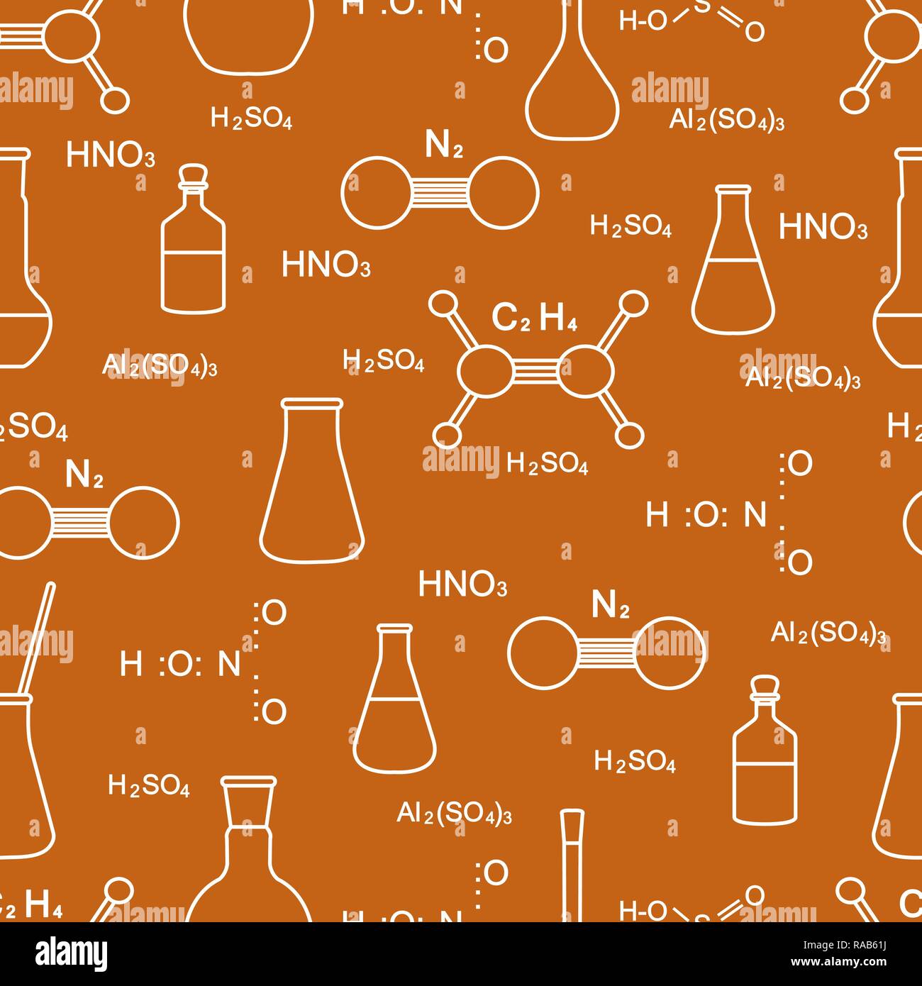 Scientific vector seamless pattern with flasks, beakers, molecule ...