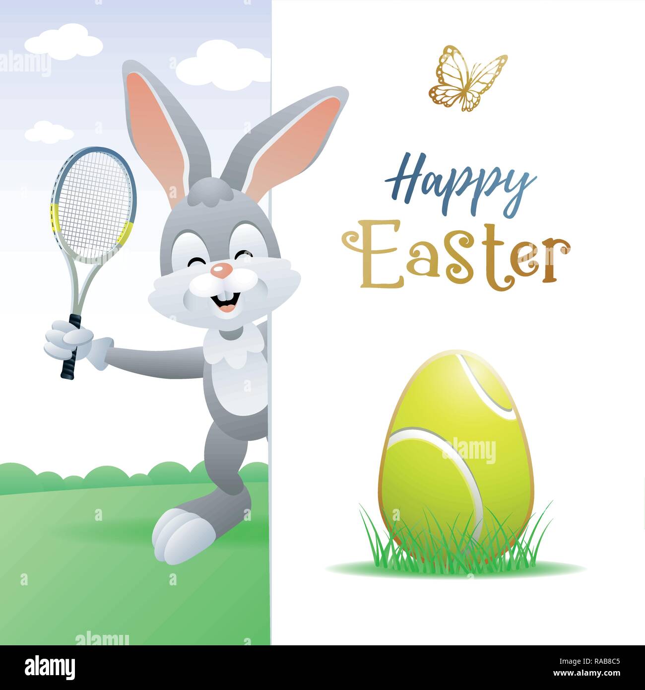 Happy Easter. Sports greeting card. Cute Rabbit with Tennis Egg and