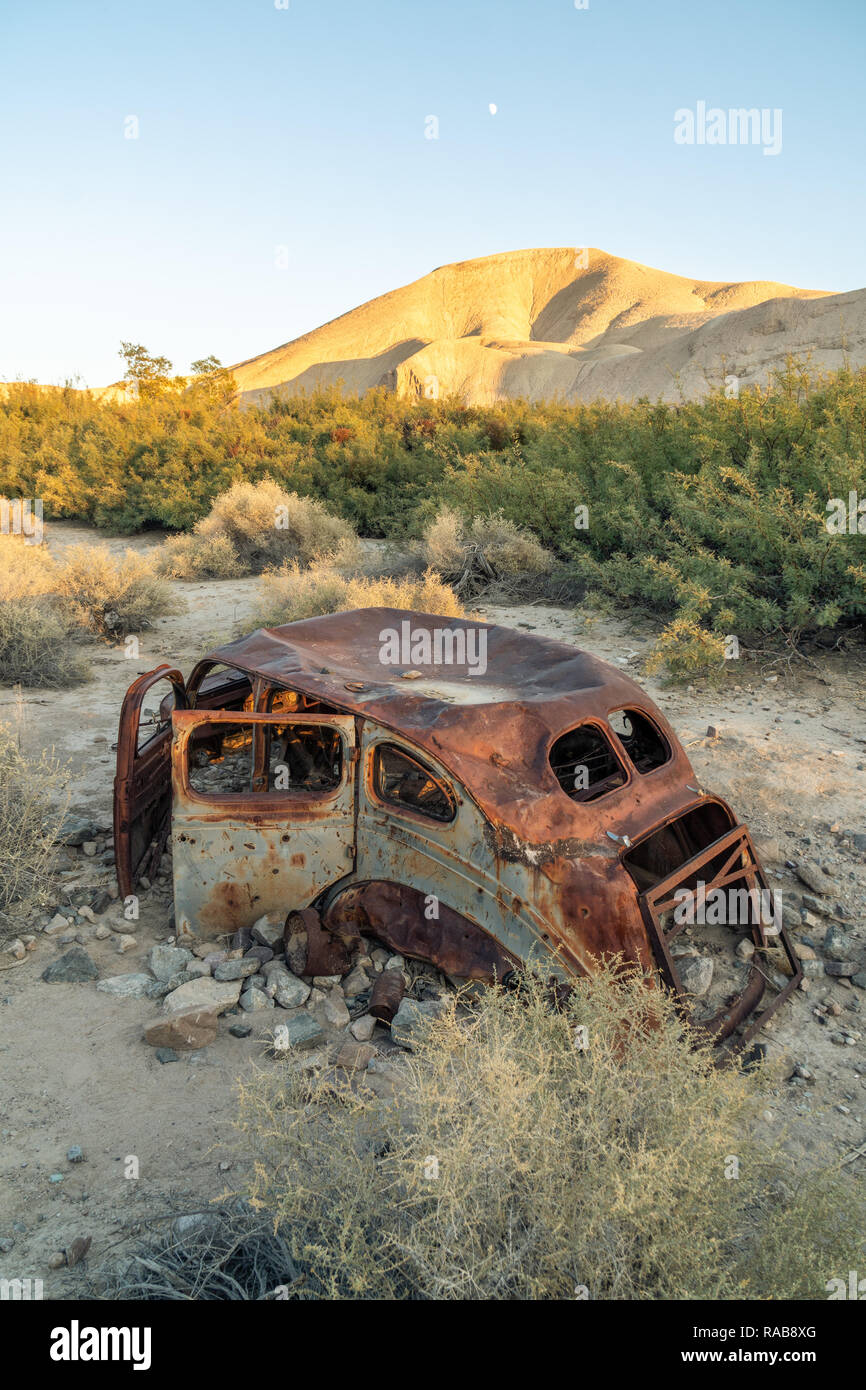 Rusted Abandond Car, Left in the Deserd, Willow Creek, China Ranch, Tecopa, California Stock Photo
