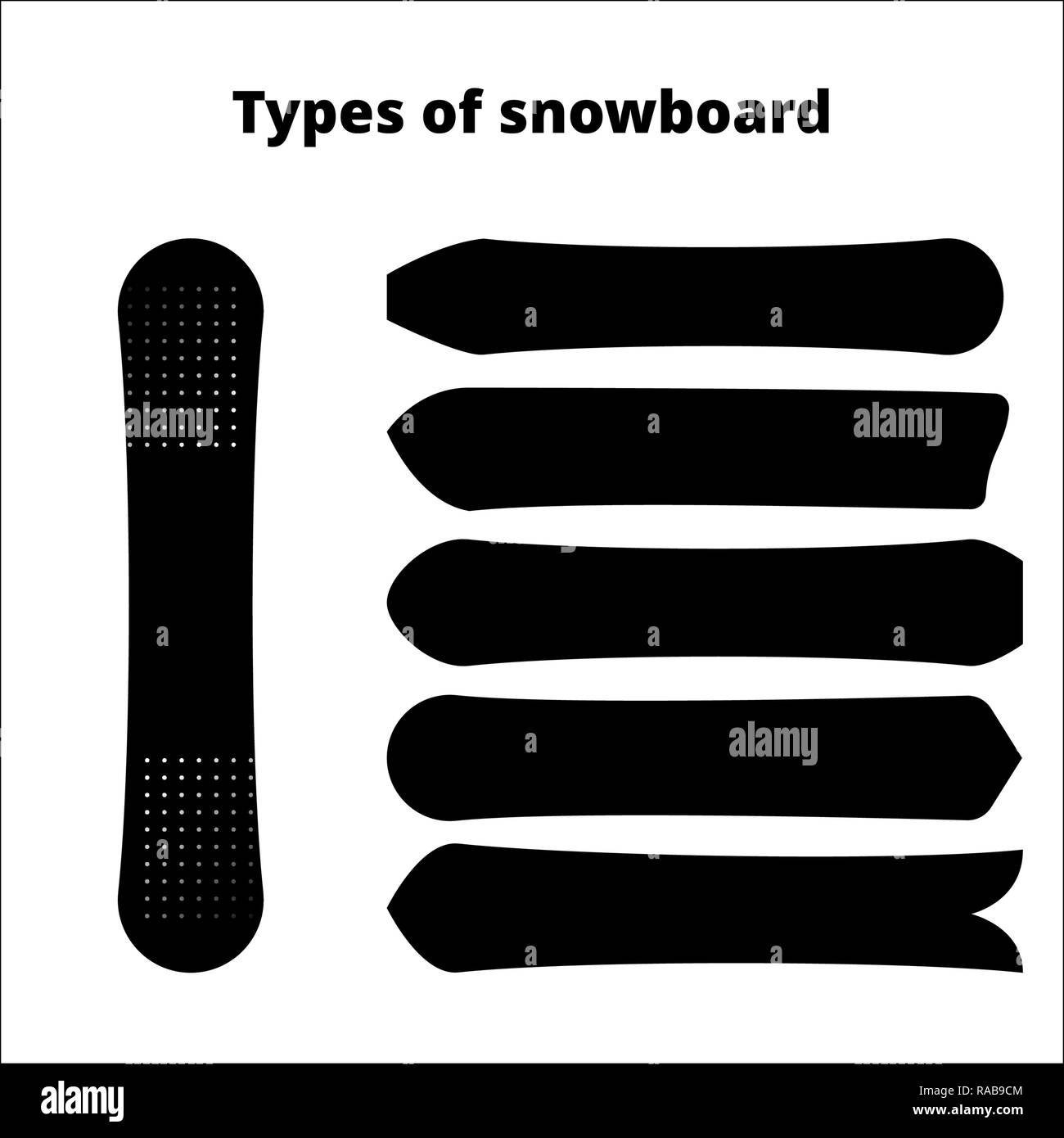 Different types of snowboards isolated on a white background Design template in black silhouette Stock Vector