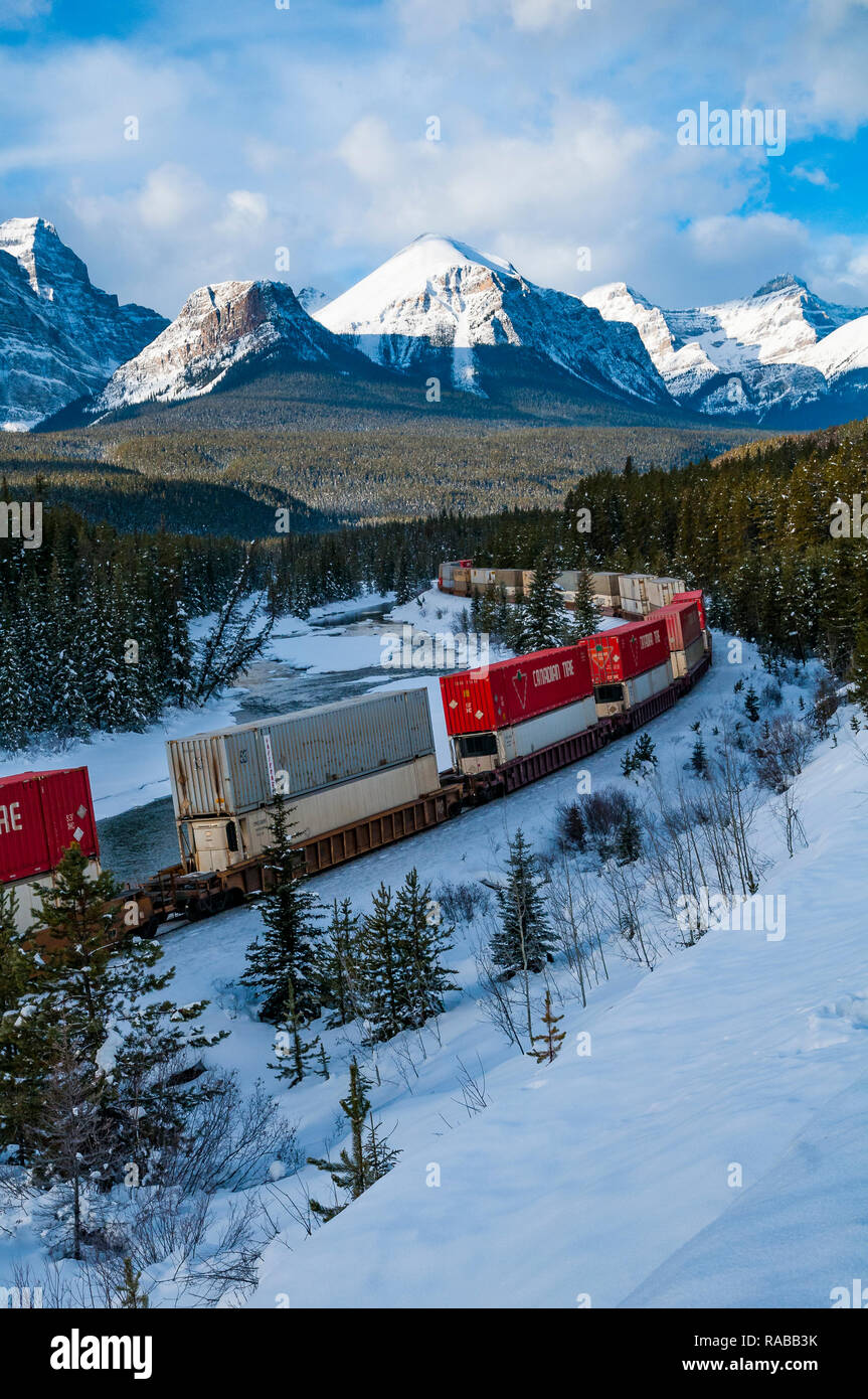 Freight Train at Morant's curve, Banff National Park, Alberta, Canada Stock Photo