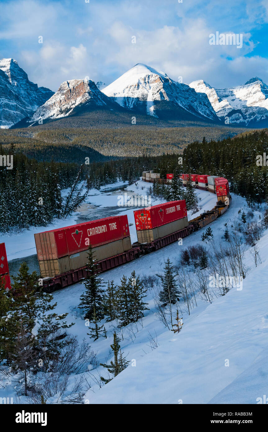 Freight Train at Morant's curve, Banff National Park, Alberta, Canada Stock Photo
