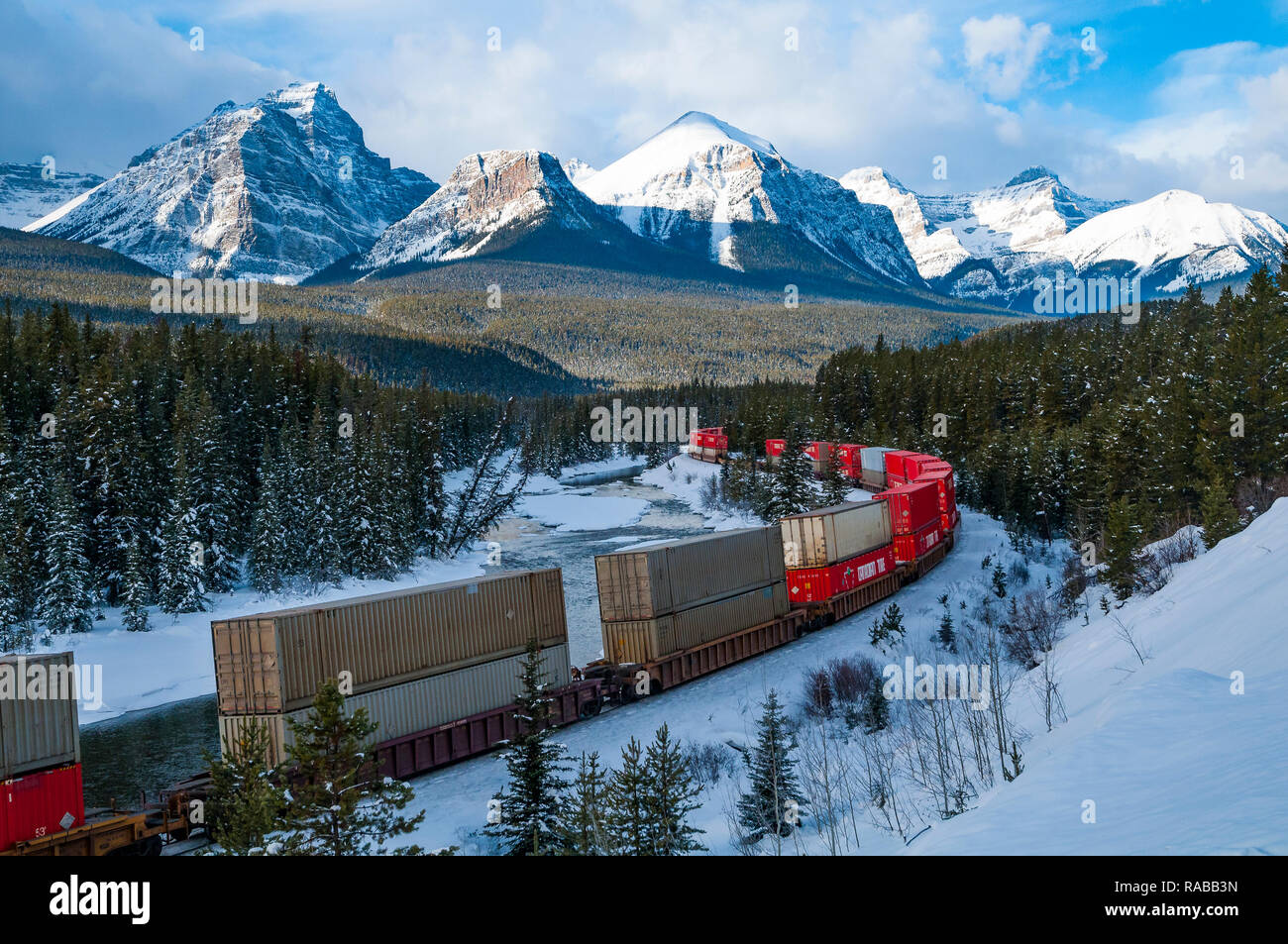 Freight Train at Morant's curve, Banff National Park, Alberta, Canada Stock Photo