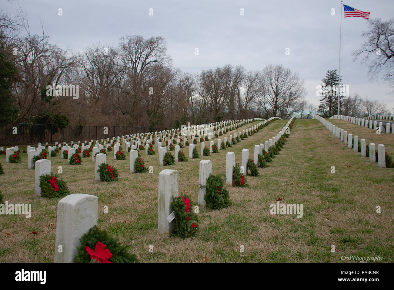 Landscape of Annapolis National Cemetery with Christmas reefs on grave