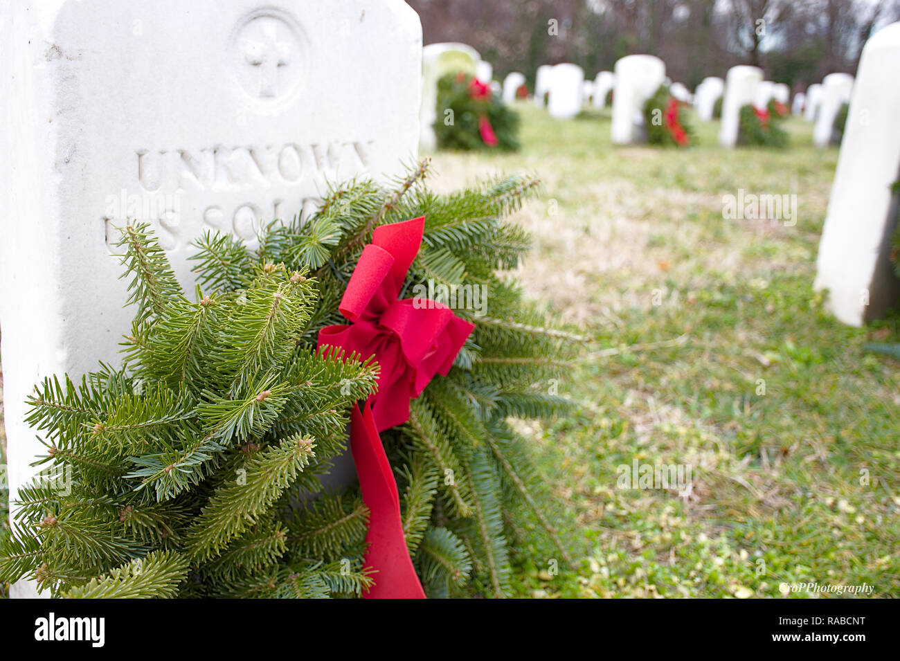 Landscape of Annapolis National Cemetery with Christmas reefs on grave