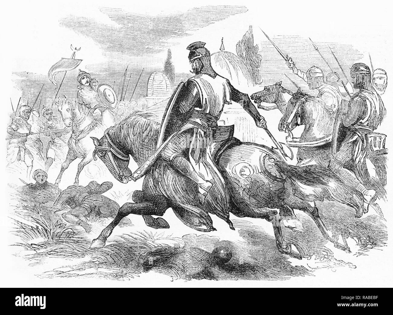 Engraving of mounted crusaders charging into battle against the Turks. From an original engraving in the Boys of England magazine 1894. Stock Photo