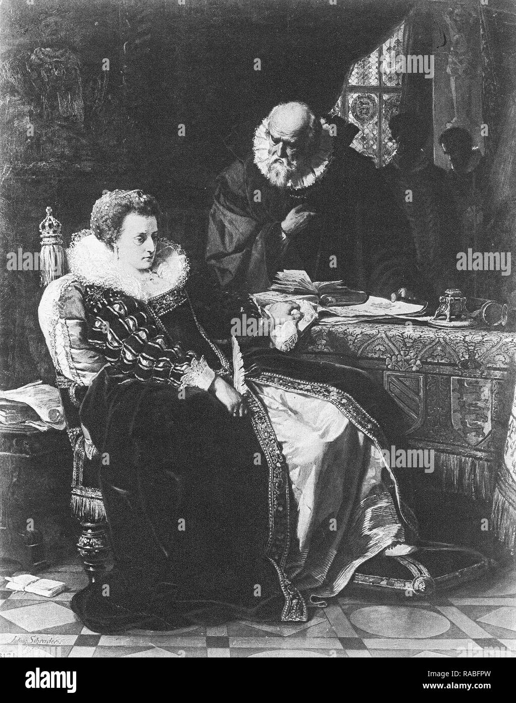 Chief Adviser Cecil encourages a reluctant Elizabeth I to sign the death warrant for Mary, Queen of Scots Stock Photo