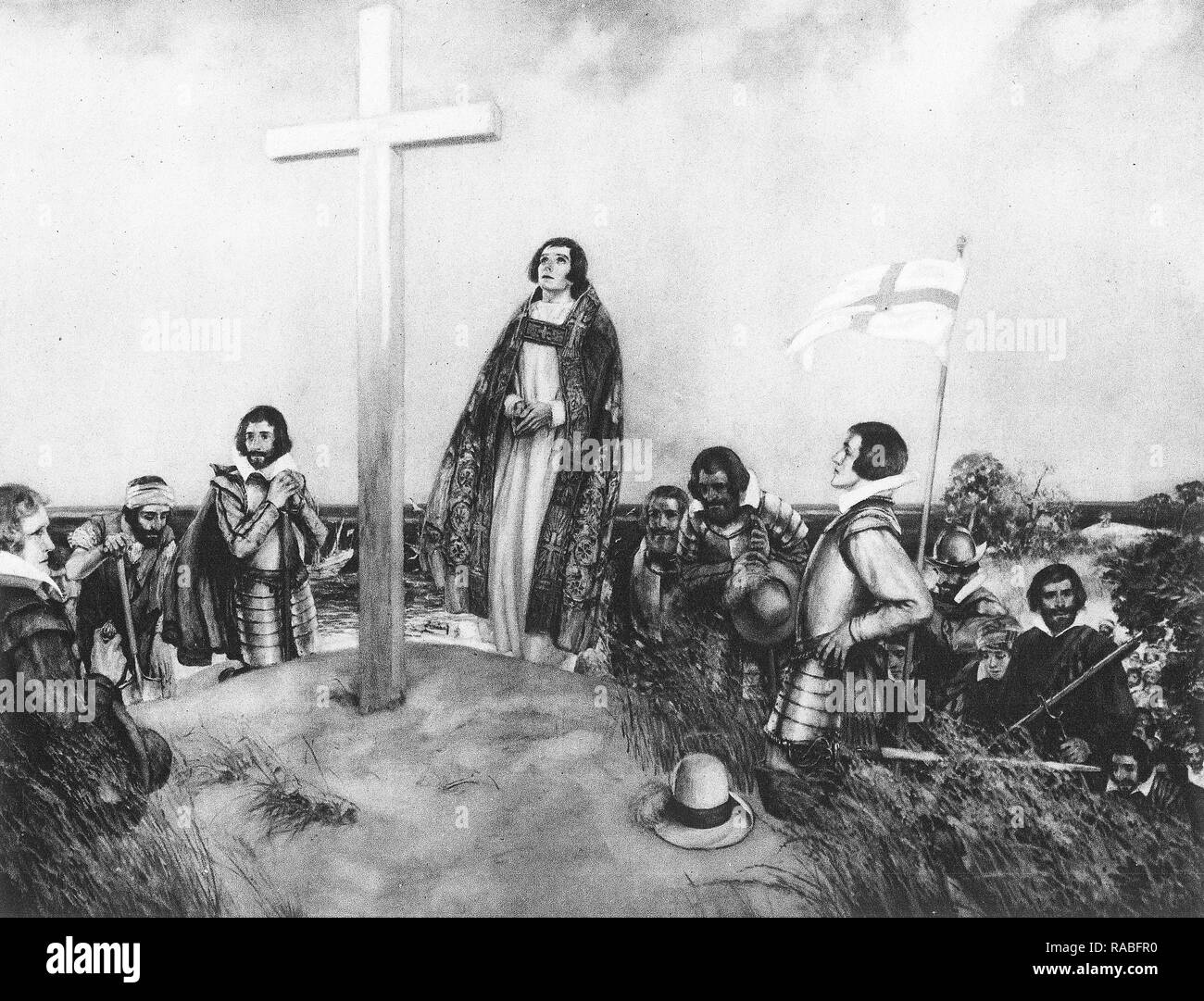 English colonists set up a cross at Jamestown, Virginia in 1607 Stock Photo