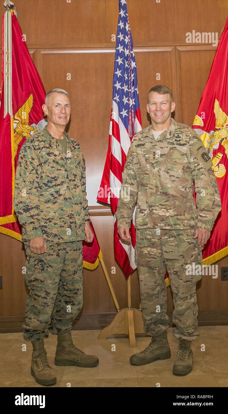 Lt. Gen. Rex C. McMillian (left), commander of Marine Forces Reserve and Marine Forces North, pose for a photo with Lt. Gen. Jeffrey S. Buchanan (right), commander of United States Army North (Fifth Army) and senior commander, Fort Sam Houston and Camp Bullis, at Marine Corps Support Facility New Orleans, Jan. 24, 2017. Buchanan stopped by the facility on his way to Joint Readiness Center aboard Fort Polk, La., to meet with McMillian and to attend a MARFORNORTH command brief. Stock Photo