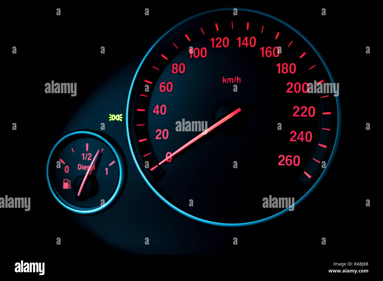 Car instrument panel, dashboard closeup with visible speedometer and