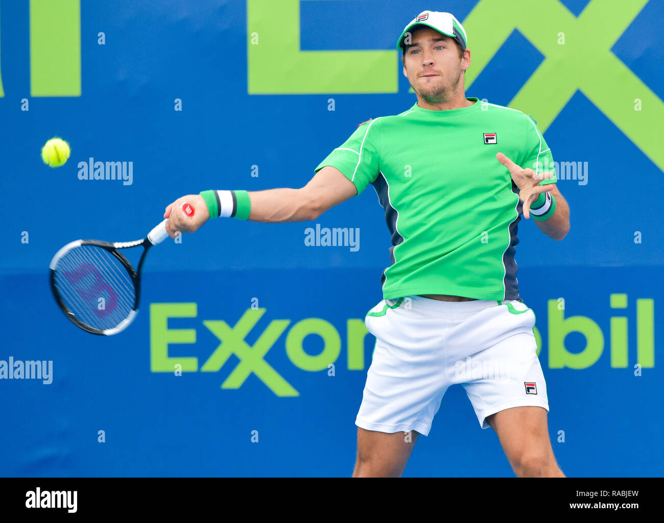 Doha, Qatar. 2nd Jan, 2019. Dusan Lajovic of Serbia returns the ball during  the singles second round match against Ricardas Berankis of Lithuania at  the ATP Qatar Open tennis tournament in Doha,