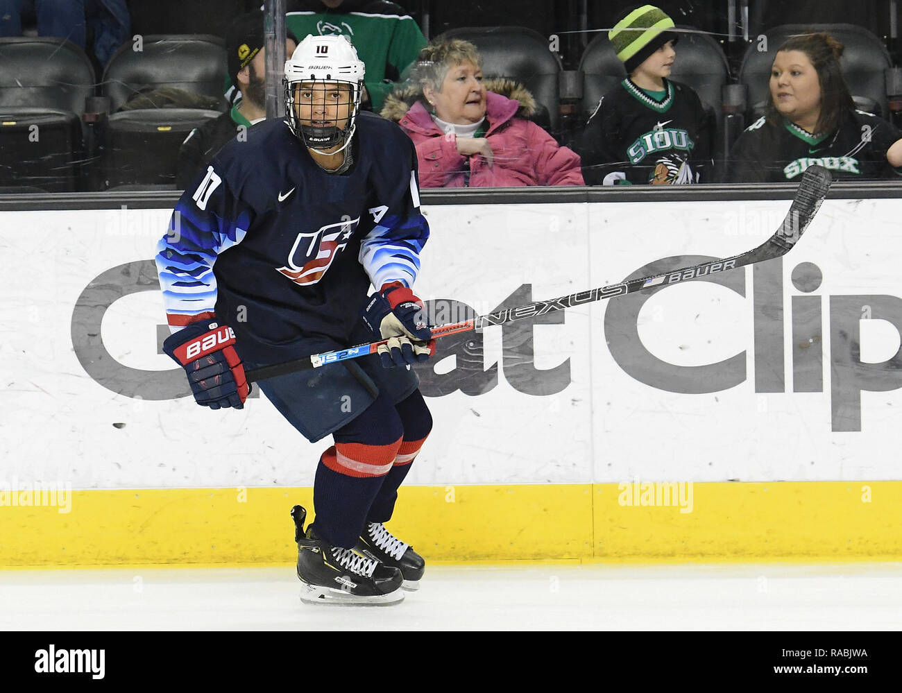 December 29, 2018 US National Under 18 team defenseman Marshall Warren (10) takes part in a pre-game skate before an exhibition hockey game against the University of North Dakota Fighting Hawks at Ralph Engelstad Arena in Grand Forks, ND. Photo by Russell Hons/CSM Stock Photo
