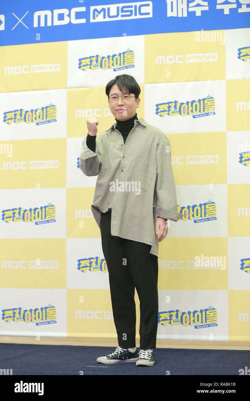 Seoul, Korea. 02nd Jan, 2019. Cho Sae-ho, Hwang Kwang Hee and Chang-hie Nam attended the production conference of TV show 'Weekly Idol' in Seoul, Korea on 02th January 2019.(China and Korea Rights Out) Credit: TopPhoto/Alamy Live News Stock Photo