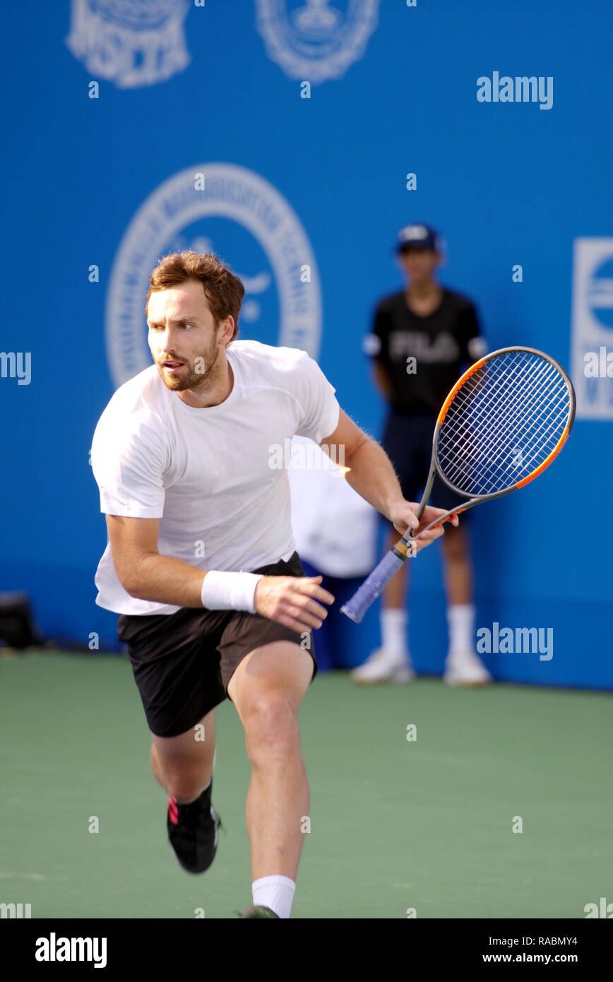 Pune, India. 3rd January 2019. Ernests Gulbis of Latvia in action in the  first quarter final of the singles competition at Tata Open Maharashtra ATP  Tennis tournament in Pune, India. Credit: Karunesh