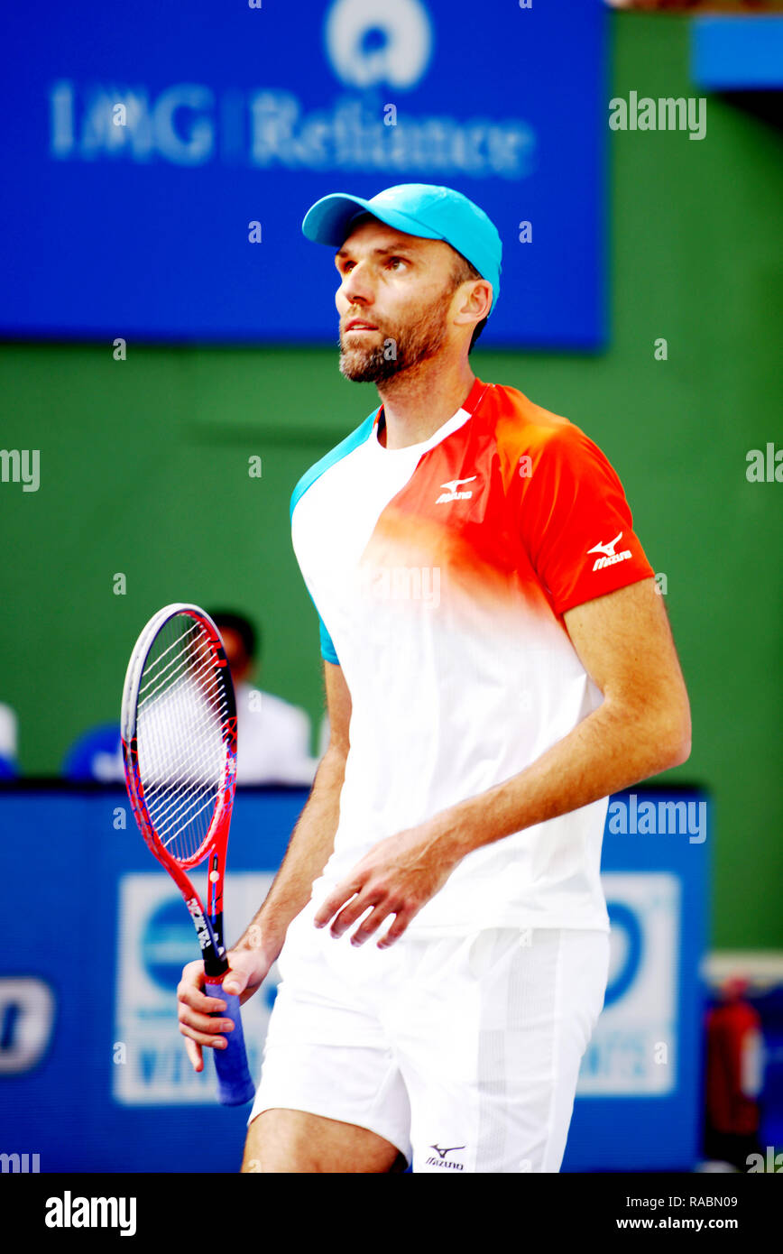 Pune, India. 3rd January 2019. Ivo Karlovic of Croatia in action in the  first quarter final of singles competition at Tata Open Maharashtra ATP  Tennis tournament in Pune, India. Credit: Karunesh Johri/Alamy